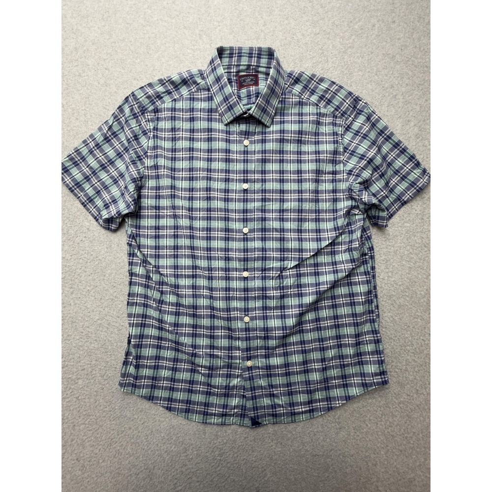 UNTUCKit Henderson-SS Shirt Mens Large Blue Plaid Short Sleeve Button Stretch